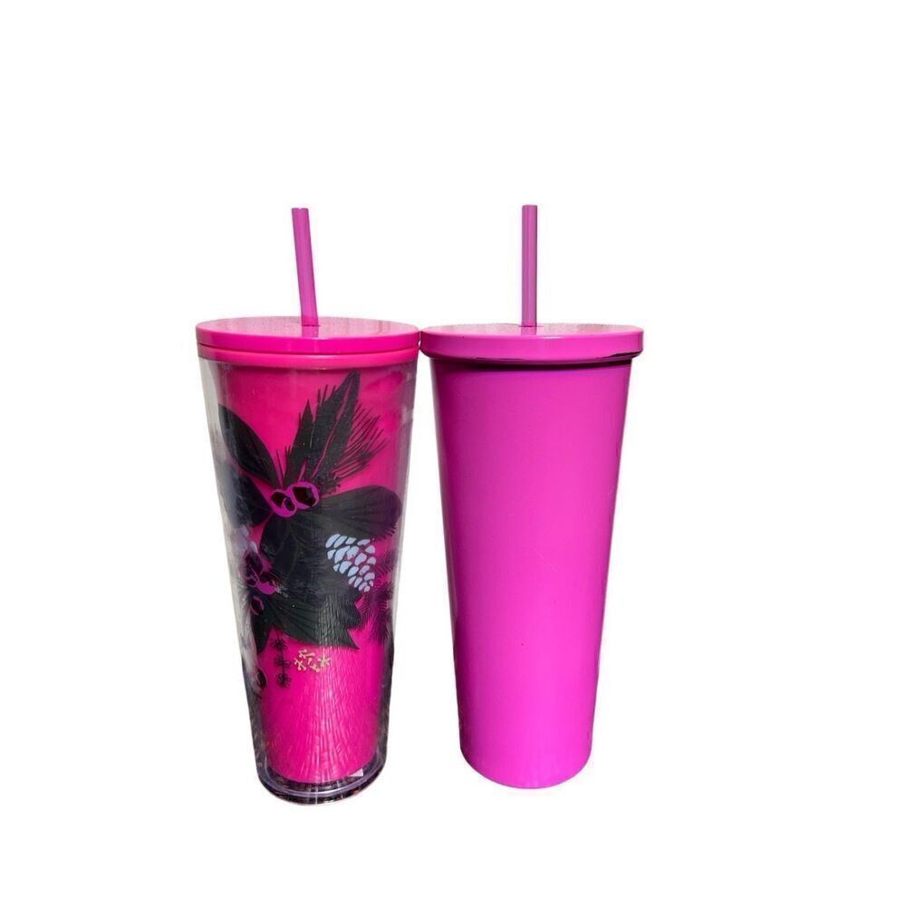 Starbucks Barbie Hot Pink Pine Holiday Tumbler Set of 2 Tumblers